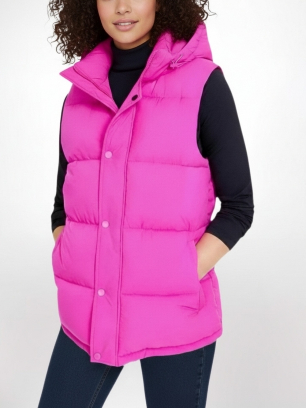 BCBG Women’s Medium Fuchsia Barbie Pink Puffer Vest Removable Hood